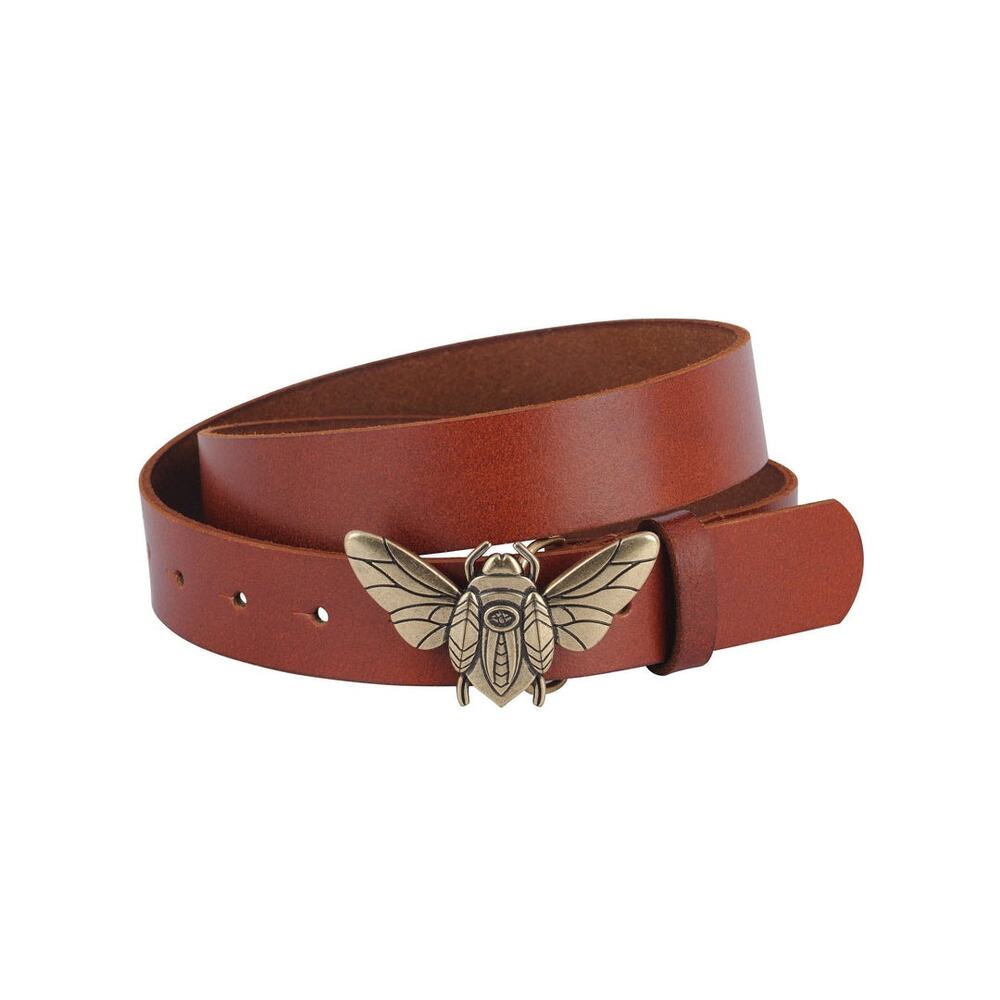 Genuine Leather Brown Belt Brass Cicada Bee Bug Buckle Womens Size M
